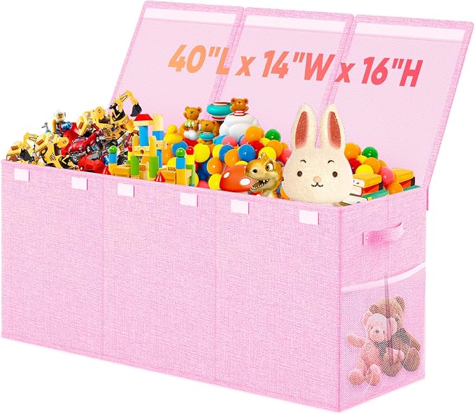 Large Toy Storage Box with Lid & Dividers, Collapsible Kids Toy Chest, Pink | Toy Box for Boys, Girls, Nursery, Bedroom, Living Room, Playroom, 40X14X16 inches