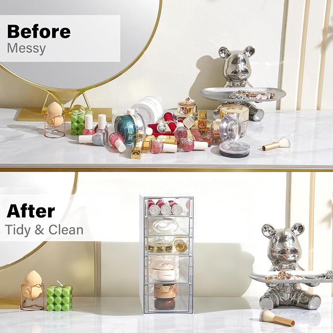 Prsildan Hair Accessories Organizer Acrylic Drawer with 5 Small Drawers | Clear, For Bathroom Vanity Office Desk, Jewelry Makeup Storage