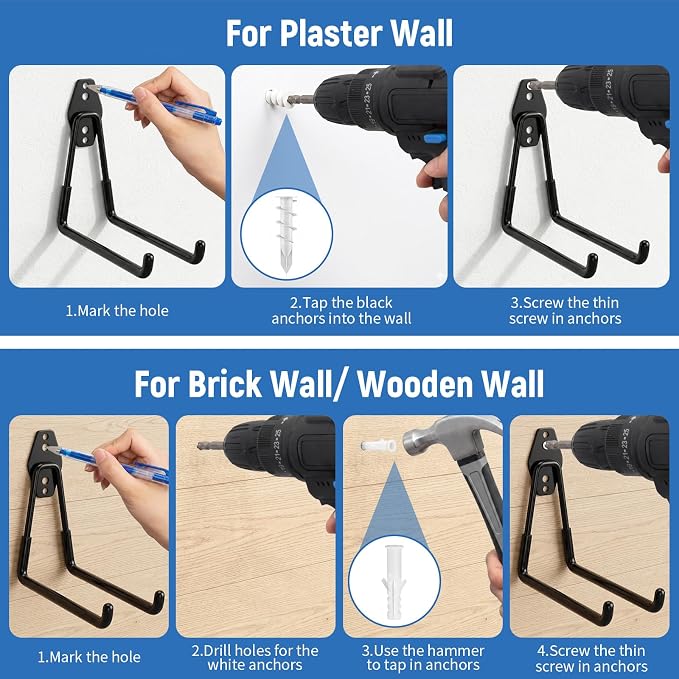 Garage Hooks Heavy Duty, 4 Pack Large 7.5 Inch Ladder Hooks Black | Steel Garage Storage Hooks, For Hanging Bikes, Tools, Chairs, Hoses, Ropes and Other Bulk Items, With Anti-Slip Coating