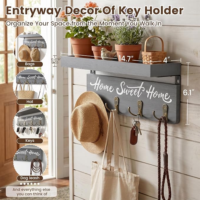 buways Key Holder Wall Mount with 4 Double Hooks-Solid Wood Wall-Mounted Organizer for Keys&Mail Rustic Key Rack Hanger Holder Home Decor for Entryway Living Room (Gray)