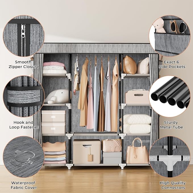 VTRIN Portable Closet Wardrobe for Hanging Clothes 57.3 Inch Large Capacity Clothes Rack with Cover, 10 Storage Organizer Shelves, 1 Hanging Rods and 6 Pockets, Free Standing Closet, Printing