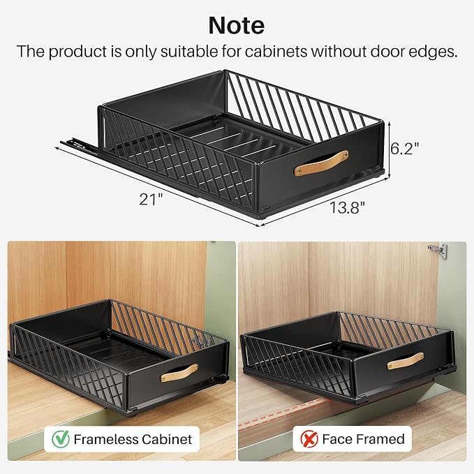 Pull out Cabinet Organizer,Heavy Duty Slide out Pantry Shelves Drawer Storage with Adhesive Nano Film,Sliding Mesh Cabinet Basket with Handle for Kitchen, Bathroom, Home, 13.8"W X 21"D X6.2"H,Black