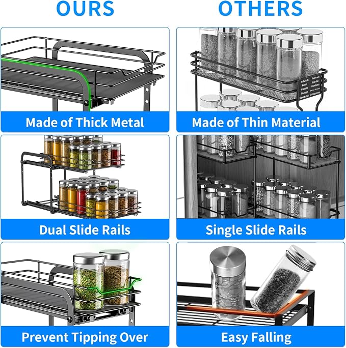 RCHYFEED 2 Tier Pull Out Spice Rack for Inside Cabinets,5.5" Wx10.5 Dx9.5 H | Height Adjustable Spice Cabinet Organizer Heavy Duty Metal Pull Out Spice Rack Vertical Spice Shelf for Cabinets & Pantry