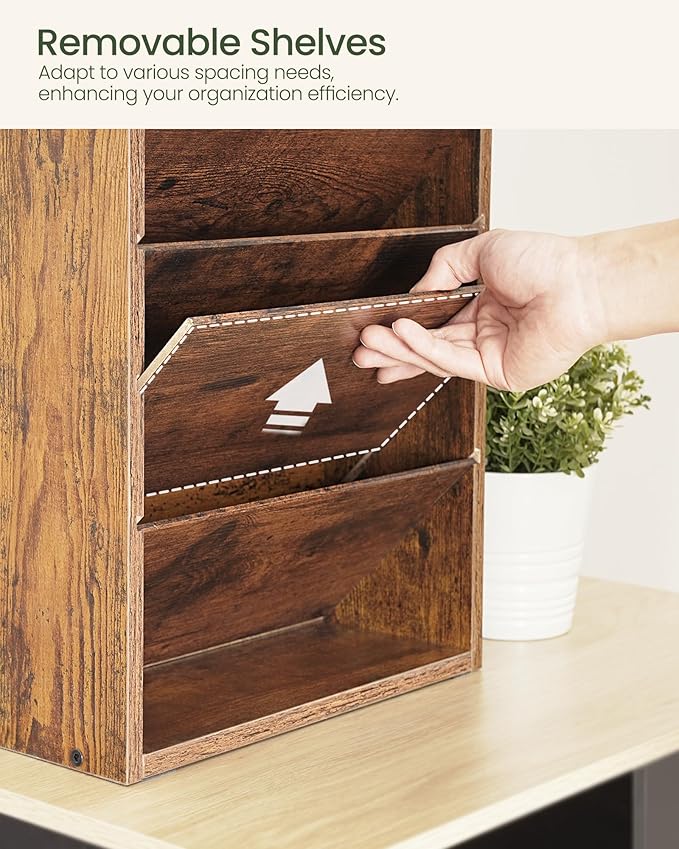 CHOEZON Wall File Organizer, 10-Tier Hanging Mail Organizer, Wall Mount File Holder with 4 Side Hooks, Mail and Storage Organizer, Wooden Vertical Hanging Holder for Office, Rustic Brown MWJ03FG