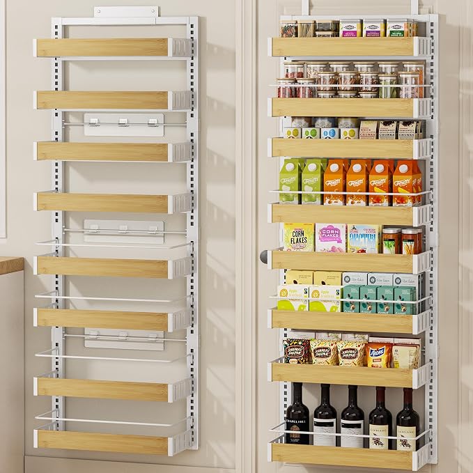 POKIPO 8 Tier Over The Door Pantry Organizer, 2 IN 1 Wall Mount or Hanging Spice Rack Seasoning Shelves with Adjustable Basket, Back of Door Organizer and Storage for Kitchen Cabinet and Room Closet
