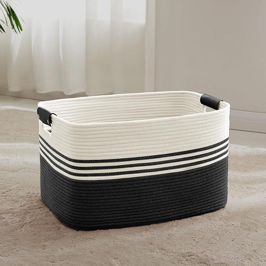 60L Woven Laundry Basket Hamper with Leather Handles,Black | collapsible wicker hamper, storage for dirty clothes, toys, blankets, gifts, living room, bedroom, bathroom, 21"x15"x11"