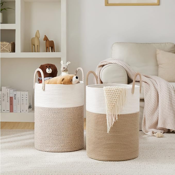 YOUDENOVA Woven Rope Laundry Hamper Basket, 58L Tall Laundry Basket, Baby Nursery Hamper for Blanket Storage in Bedroom-Large-Brown | Large Woven Laundry Hamper with Sturdy Handles, Collapsible Home Decor Laundry Basket for Laundry, Clothes, Toys in Be...