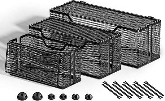 Marbrasse 3 Pack Cable Management Box, Metal Mesh Cord Organizer Box for TV Wires, Electrical Hiding, Power Strip – Under Desk Cable Storage Box with Cable Clips&Reusable Cable Ties for Home/Office