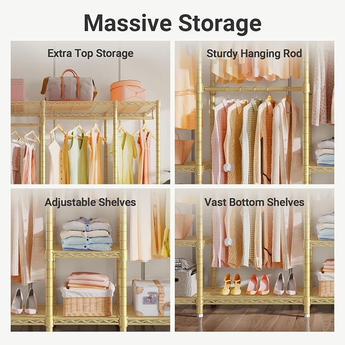 VIPEK V50 Modern Clothing Rack with Adjustable Shelves, Gold | Extra Large Freestanding Garment Rack with 1300 Lb Capacity, 10 Shelves & 4 Rods, Gold Finish, Dressing Room/Boutique Display