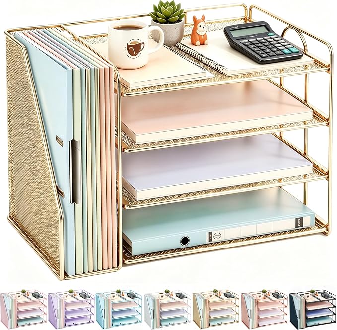 gianotter 4-Tier Paper Organizer With Magazine Holder, Desk Organizers and Accessories, Desk Accessories & Workspace Organizers, File Organizer for Office Supplies Storag (Gold, 4-Tier)