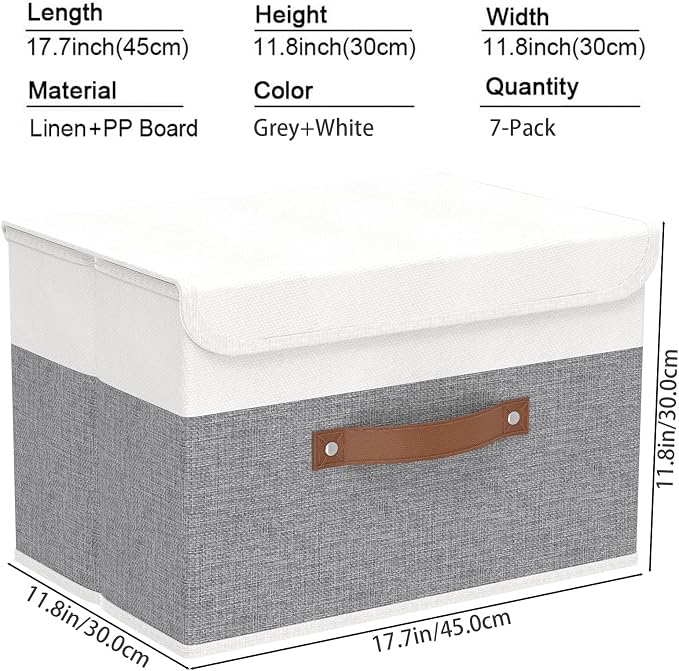 Yawinhe Storage Bins with Lids,White/Grey,17.7x11.8x11.8in,7-Pack | Fabric Container with Leather Handle,Washable Home Basket, Clothes Blanket Storage Boxes,Collapsible Closet Organizer