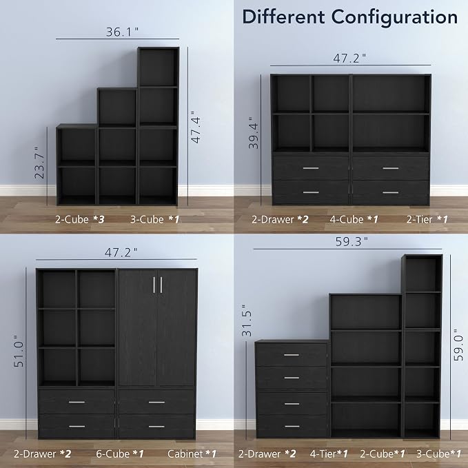 Homes: Inside + Out Apexa 6-Cube Storage Organizer Shelves, Stackable Wood Bookcase Fits Cubby Bins for Organization, Dorm Teen Room Decor & Home Office, Black