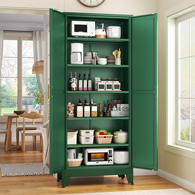 GAIOUS 75.2" Tall Kitchen Food Pantry, Pantry Cabinet with 2 Door and 5 Adjustable Shelves, Green Laundry Room Cabinets, Freestanding Pantry for Kitchen, Study Room, Dining Room and Entryway