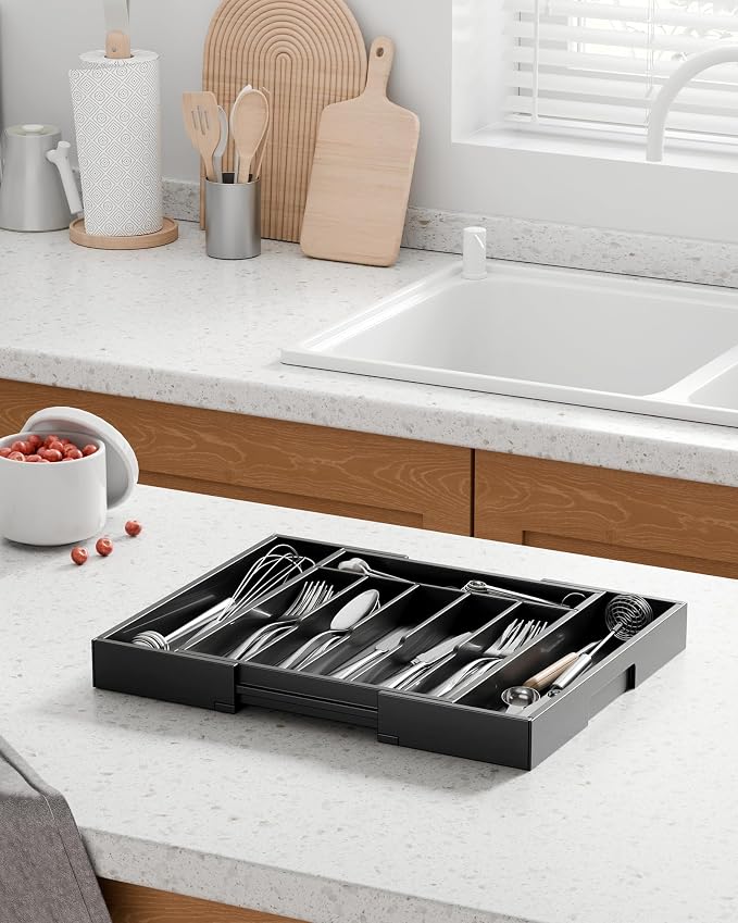 Kitsure Silverware Organizer, Bamboo Kitchen Drawer Tray, Black, Large | Expandable Drawer Kitchen Organizer, Cooking Utensils & Cutlery, Sturdy & Thickened Design, Storage Solution