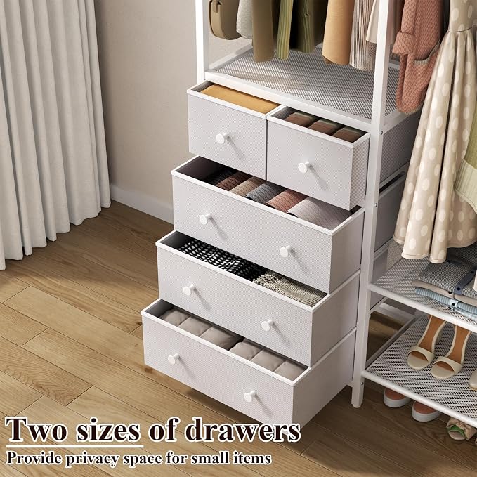 Freestanding Clothes Rack with 5 Drawers & 4 Storage Shelves,2 Hanging Rods | 59.1" W*70.9" H Heavy Duty Clothing Rack, Wardrobe Closet Organizer System with 5 Hooks, Garment Rack (White)