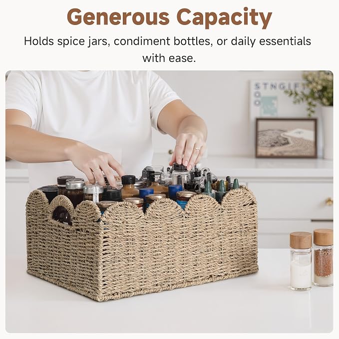 StorageWorks Scalloped Seagrass Baskets, Hand-woven Rattan Baskets with Built-in Handles, Cute Baby Basket for Nursery, Basket for Organizing and Decor, 16½"L x 13"W x 7½"H