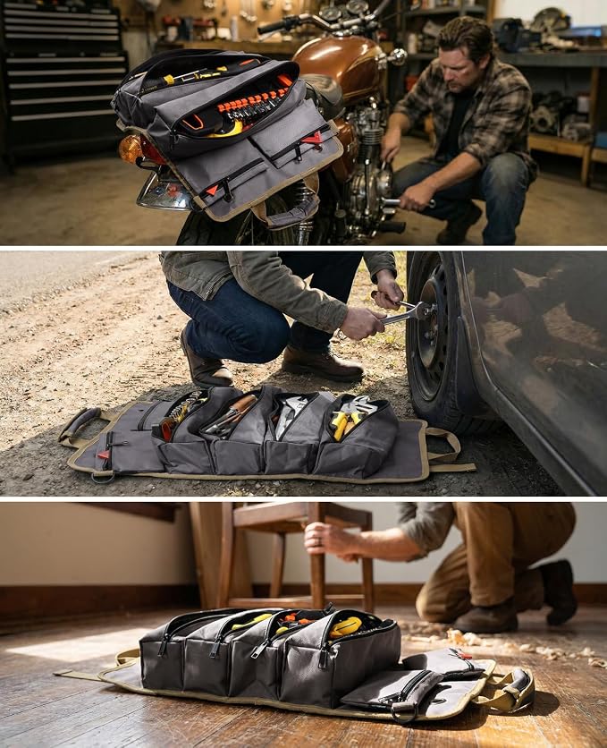 Tool Roll Up Bag, 1680D Heavy Duty Tool Bag Organizer with 2 Detachable Tool Pouches & Multiple Pockets, Waterproof Motorcycle Tool Roll for Mechanic & Electrician, Gift for Men Him Dad, 21.9"*13.8"
