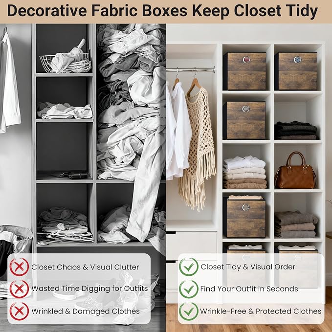 6-Pack Durable Storage Cube Bin with Decorative Wood Grain,Thickened Fabric Box,Storage Basket for Shelf,Closet,Storeroom,Bedroom,Living Room,Nursery,Office,Dorm,RV,13x13x13in,Brown with Black(Large)
