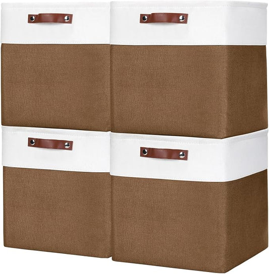 Bagnizer 13x13 Cube Storage Bins, Collapsible Fabric Storage Box, 4 Pack Closet Baskets with Handles for Organizing, Shelf, Toys, Clothes, Home, Office, Nursery (Brown&White)