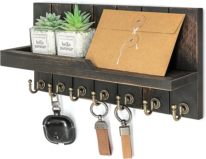 Rebee Vision Key Holder Wall Mount for Home Decor, Distressed Black | Key Holder for Wall, Floating Shelf, Display Plant, Mail Storage, 7 Key Hooks, Wooden Build, Farmhouse Home Organization