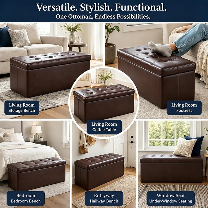 ALASDO 43 Inch Folding Storage Ottoman Bench with Hidden Storage, PU Leather Ottoman Foot Rest Stool, End of Bed Bench for Bedroom, Living Room, Entryway and Closet, Brown