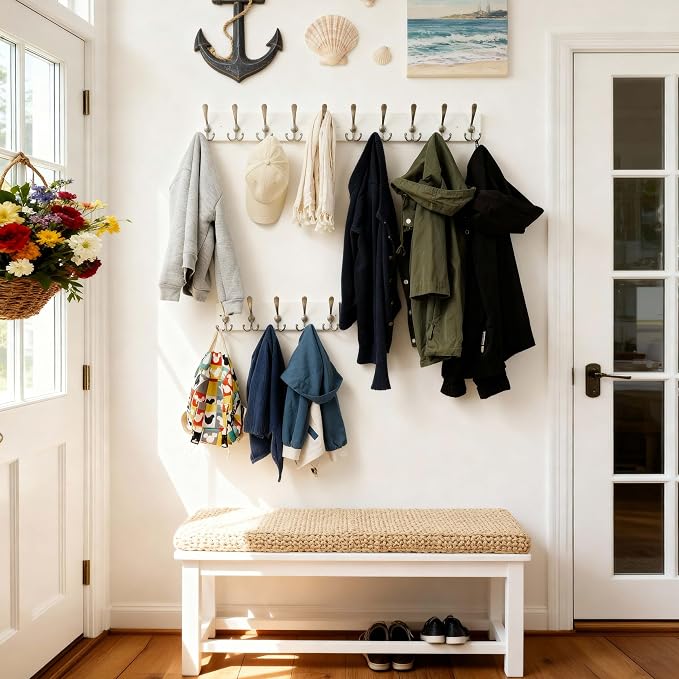 SKOLOO Creations White Solid Wood Wall Mounted Coat Rack, 10 Hooks, 38-1/8" Long - Kitchen, Mudroom, Entryway, Bathroom - Includes Mounting Hardware, Wall Coat Hanger, Towel Rack