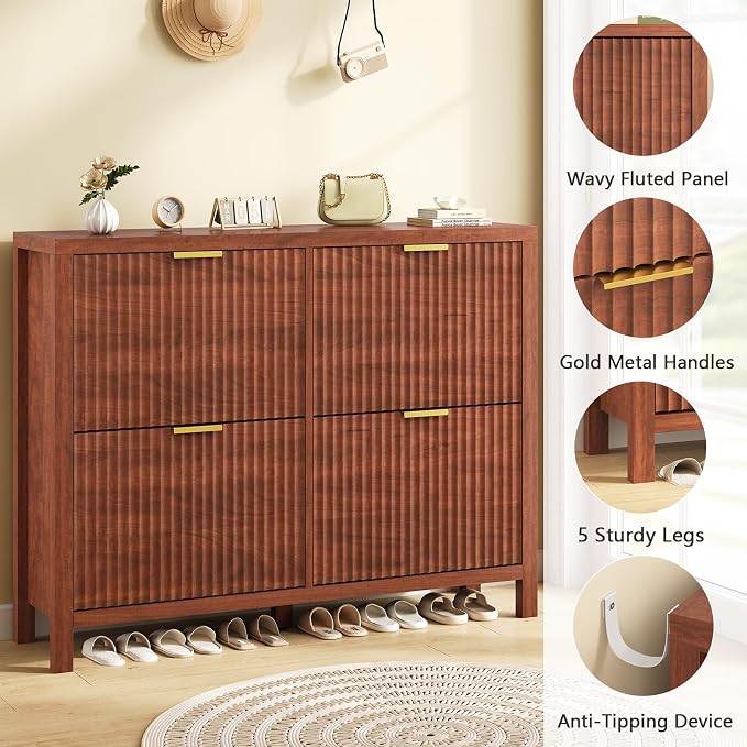 47" Fluted Shoe Cabinet Stoarge with 4 Flip Drawers for Entryway, Hallway | Hidden Shoe Rack Slim Freestanding Shoe Organizer with Legs for Hallway, Living Room, Red Walnut
