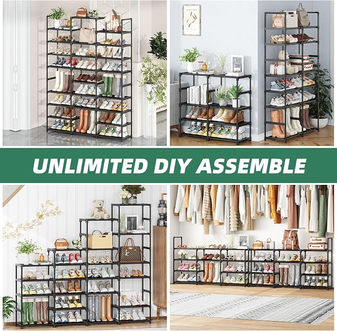 Simple Trending 8-Tier Shoe Rack Large Capacity 64 Pairs Tall Shoe Shelf, Sturdy Metal Shoe Organizer for Entryway, Closet, Bedroom, Black