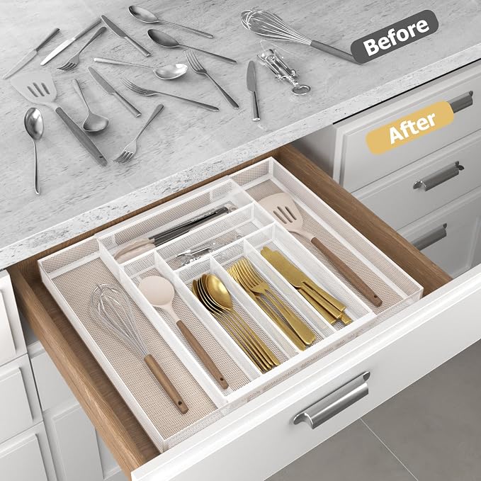 Sedegn Expandable Kitchen Utensil Organizer - 11.6" to 20" Adjustable | Cutlery Tray with 6-8 Compartments - Fits Various Drawer Sizes & Holds Large Ladles Spatulas Forks Spoons & Knives White