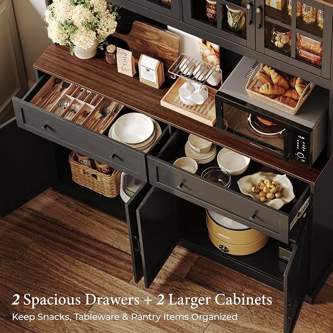 71''H x 55.1''W Pantry Cabinet with Charging Station, 4 Wide Cabinets Kitchen Pantry with 2 Drawers, Farmhouse Hutch Storage Cabinet, Tall Coffee Bar, Acrylic Door, Adjustable Shelves, Black