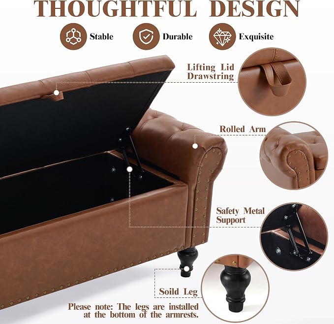 55" Storage Bench for Bedroom, Upholstered Ottoman Bench, Leather Brown | End of Bed Bench for Bedroom, Window Benches for Living Room, Entryway, Ottoman with Large Storage Space, Pet Friendly