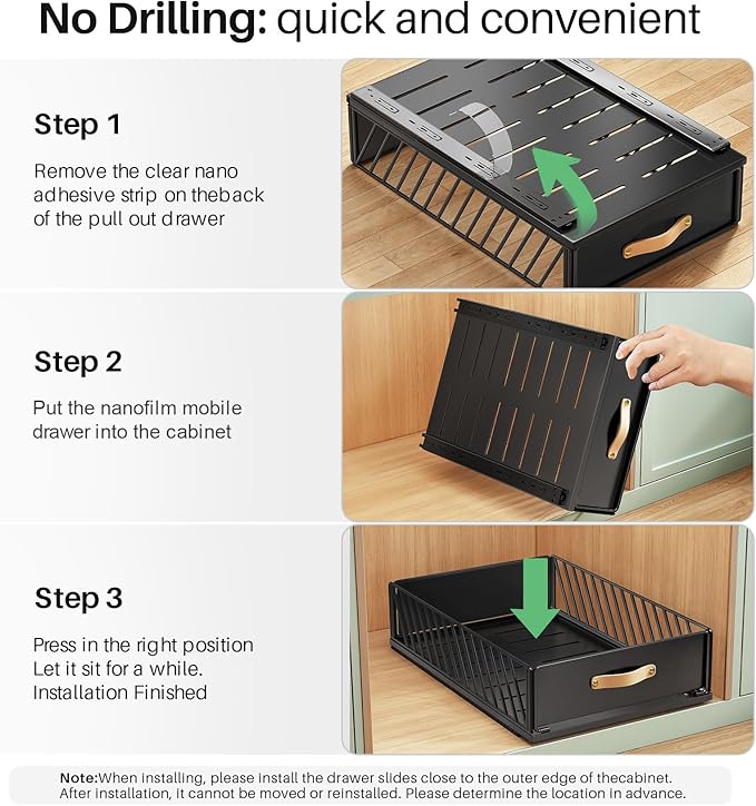 Pull out Cabinet Organizer,Heavy Duty Slide out Pantry Shelves Drawer Storage with Adhesive Nano Film,Sliding Mesh Cabinet Basket with Handle for Kitchen, Bathroom, Home, 15.8"W X 21"D X6.2"H,Black