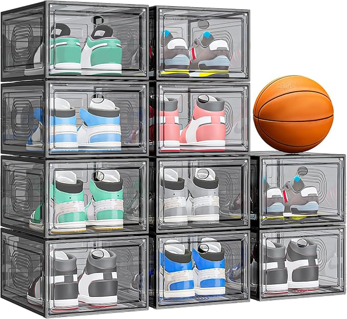 10 Pack Shoe Organizer Stackable | Upgraded Sturdy Shoe Storage Box with Magnetic Door,Shoe Containers For Sneaker Display,Hat Organizer,Black