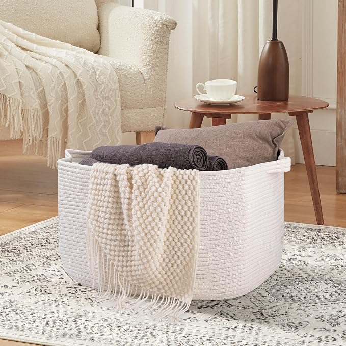 OIASKET White Storage Baskets for Organizing, Toy Basket Storage Kids, Nursery Cotton Rope Baskets for Living Room, Deorative Organizer Bin Box (White)