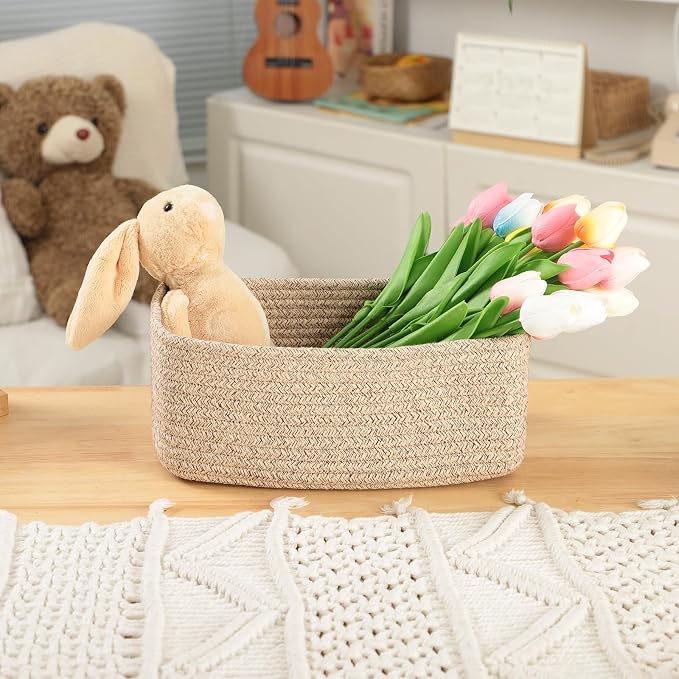 MiniArk Small Storage Baskets for Organizing | Closet Organizer Bins | Shelf Toy Basket | Woven Rope Baskets | Cube Decorative Box | Shallow Basket | L11.5xW7.5xH4.7| Brown