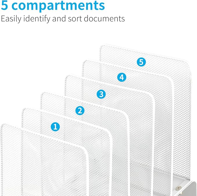 LEKETREE File Organizer for Desk, Desk Organizer with 5-Section Vertical File Rack, File Folder Organizer, Desk Accessories & Workspace Organizers(White)