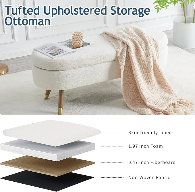 IAFIKE Oval Storage Bench 43.5" Ottoman Bench Upholstered Boucle Fabric Footrest Bench with Golden Metal Legs End of Bed for Bedroom, Living Room, Entryway,Bed Side (Ivory)