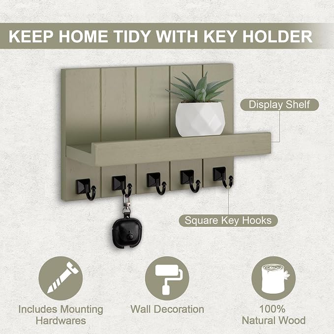 Key Holder for Wall, Decorative Key Holder with Shelf, Key and Mail Holder Wall Mount, Farmhouse Decor with 5 Key Hooks for Keys, Coats, ect.