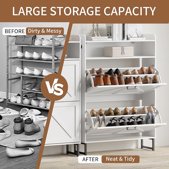 Shoe Cabinet with 2 Flip Drawers, Freestanding Hidden Shoe Storage Organizer for Entryway, Narrow Slim Shoe Rack Cabinet with Open Storage & Hooks for Front Door Entrance, Living Room, Hallway, White