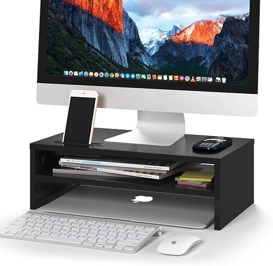 BONTEC Wooden Monitor Stand Riser for Desk, 2-Tier Computer Monitor Stand | 66 lbs Desk Shelf Organizer with Storage, Laptop & Printer Stand with Phone Holder and Cable Management, Black, 16.5 Inch