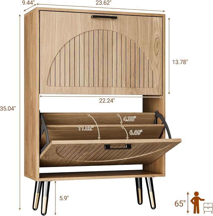 Farmhouse Shoe Cabinet Storage for Entryway, Slim Shoe Rack Cabinet with 2 Flip Drawers, Narrow Shoe Organizer Cabinet with Stylish Round Panel, Metal Leg and Handle