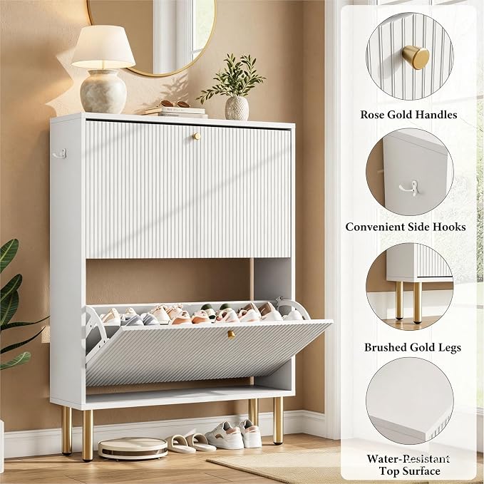 Nicetree Shoe Storage Cabinet for Entryway - 2 Flip Drawers Shoe Cabinet with Tiered Fluted Design - Slim Shoe Storage Rack with Gold Legs - Narrow Shoe Cabinet Hidden Shoe Organizer for Small Spaces