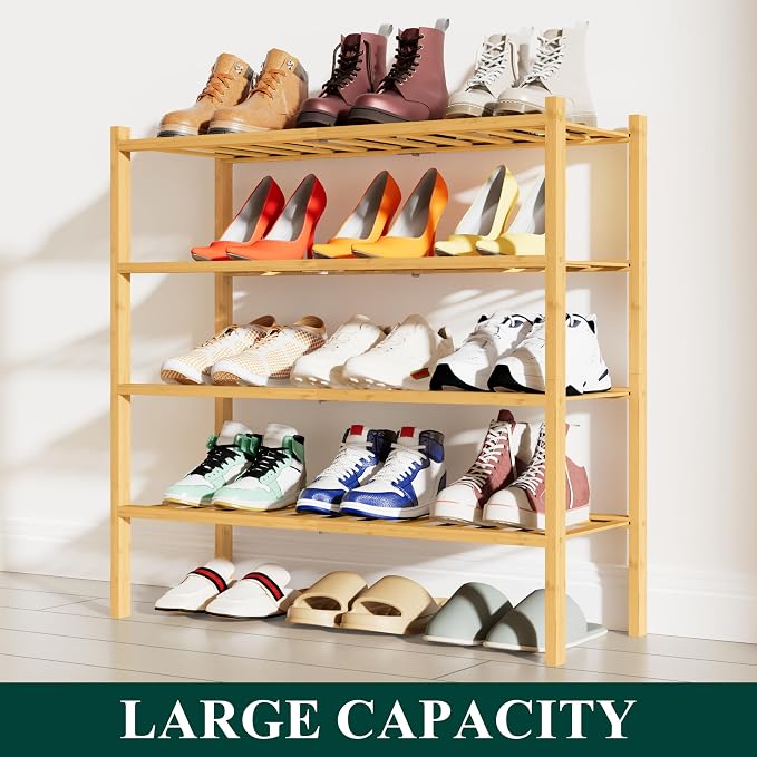 Smiry Bamboo Shoe Rack, 12 Vertical Slats, 4 Tier - 26.8" Wide, Natural | Stackable Free Standing Wooden Shoe Organizer, Wood Shoe Storage Shelf for Closet, Entryway