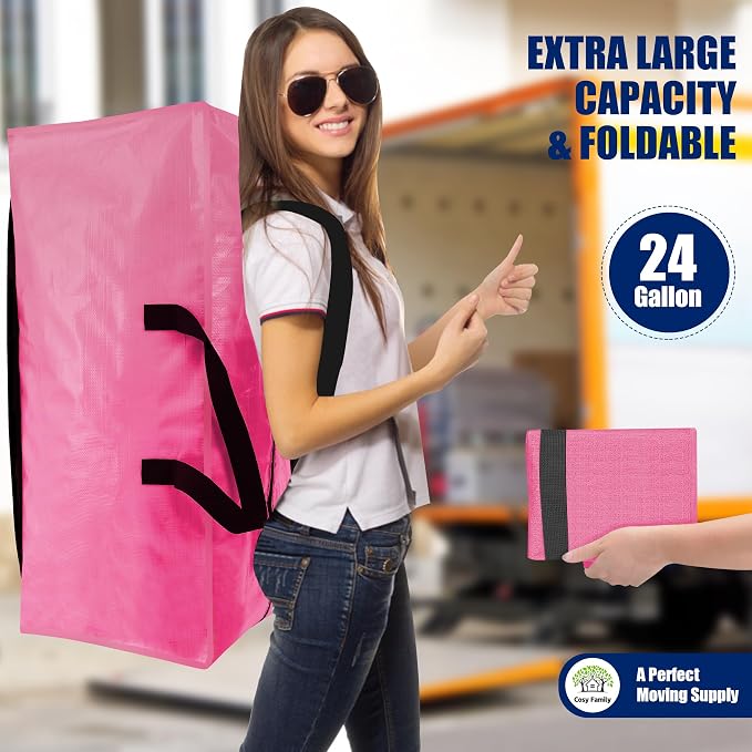 Cosy Family 12 Pack Heavy Duty Extra Large Moving Bags with Backpack Straps - Strong Handles & Zippers, Storage Totes For Space Saving, Fold Flat, Alternative to Moving Box, Pink