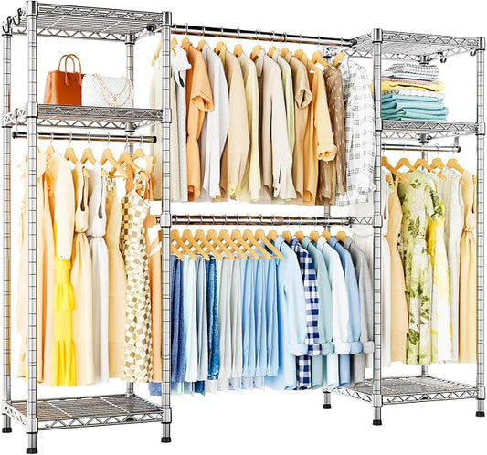Ulif E7 Heavy Duty Closet Garment Rack, Clothes Storage Organizer System | Metal Freestanding Clothing Racks with 2 Extendable Rods and 6 Shelves, Portable Wardrobe Closets for Holding 838lbs, Chrome