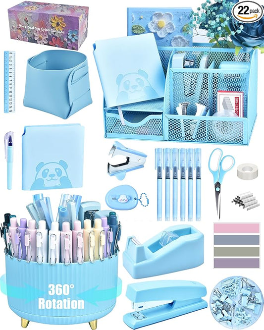 Blue Desk Accessories and Organizers with Desk Organizer and 360°Rotating Pen Holder stapler Pen and a Lot of Office Blue Office Supplies Beautifully Presented in a Gift Box