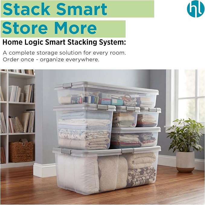 Home Logic 15 Qt Latched Storage Bin with Lid, Stackable Plastic Storage Container, Organizer for Home, Office & Classroom, 8 Pack, Gray