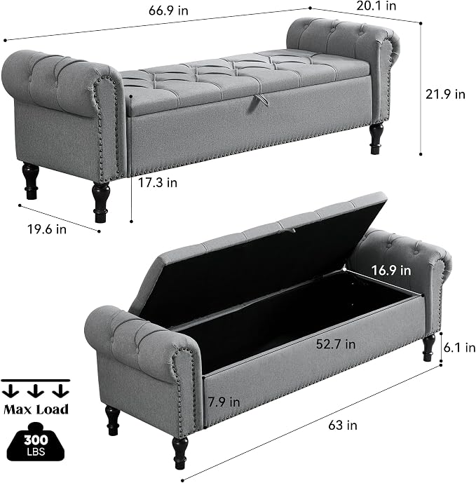 67 Inch Storage Bench for Bedroom, Linen End of Bed Bench, King Size Bench with Rolled Arms, Upholstered Tufted Button Storage Ottoman Benches, Living Room, Entryway, Oyster Grey