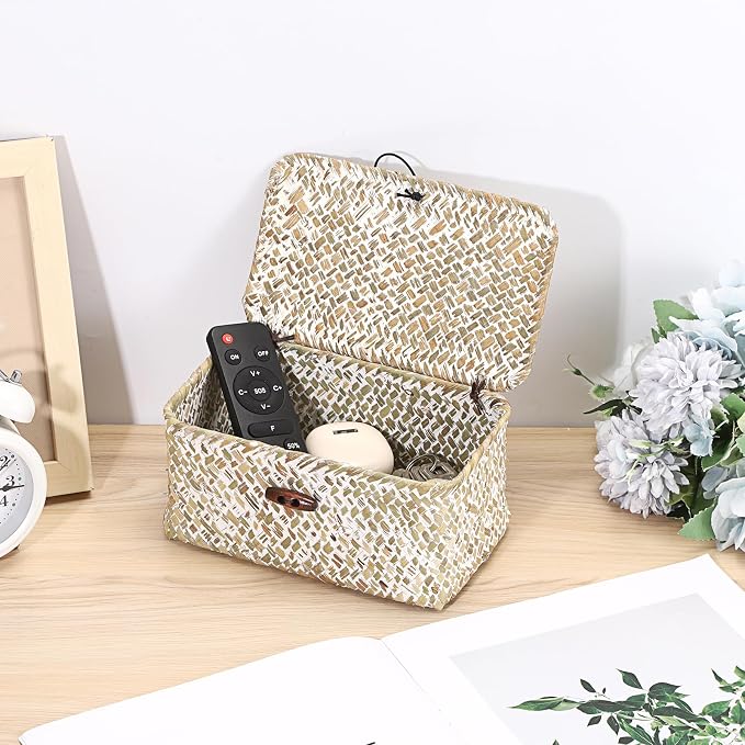 Handwoven Seagrass Basket Small Wicker Basket with Lid,7x4.3x 3.3" | Natural Decorative Box for Shelf, Multipurpose Desktop Organizer Bin for Key & Remote Control, Whitewash