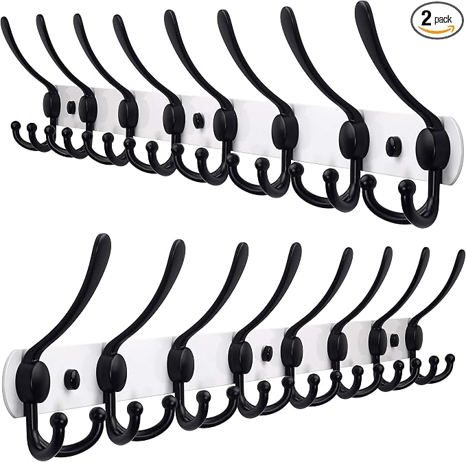 Dseap Coat Rack Wall Mount - 29.5” Long 8-Tri-Hooks Heavy Duty Coat Hanger Rail Wall Hooks for Hanging Coats Hats Clothing Clothes Purse Mudroom Entryway, White & Black, Pack of 2